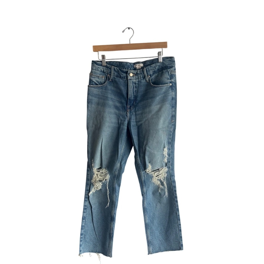 Good American Distressed High Rise Straight Leg Jeans Light Wash Size 8/29